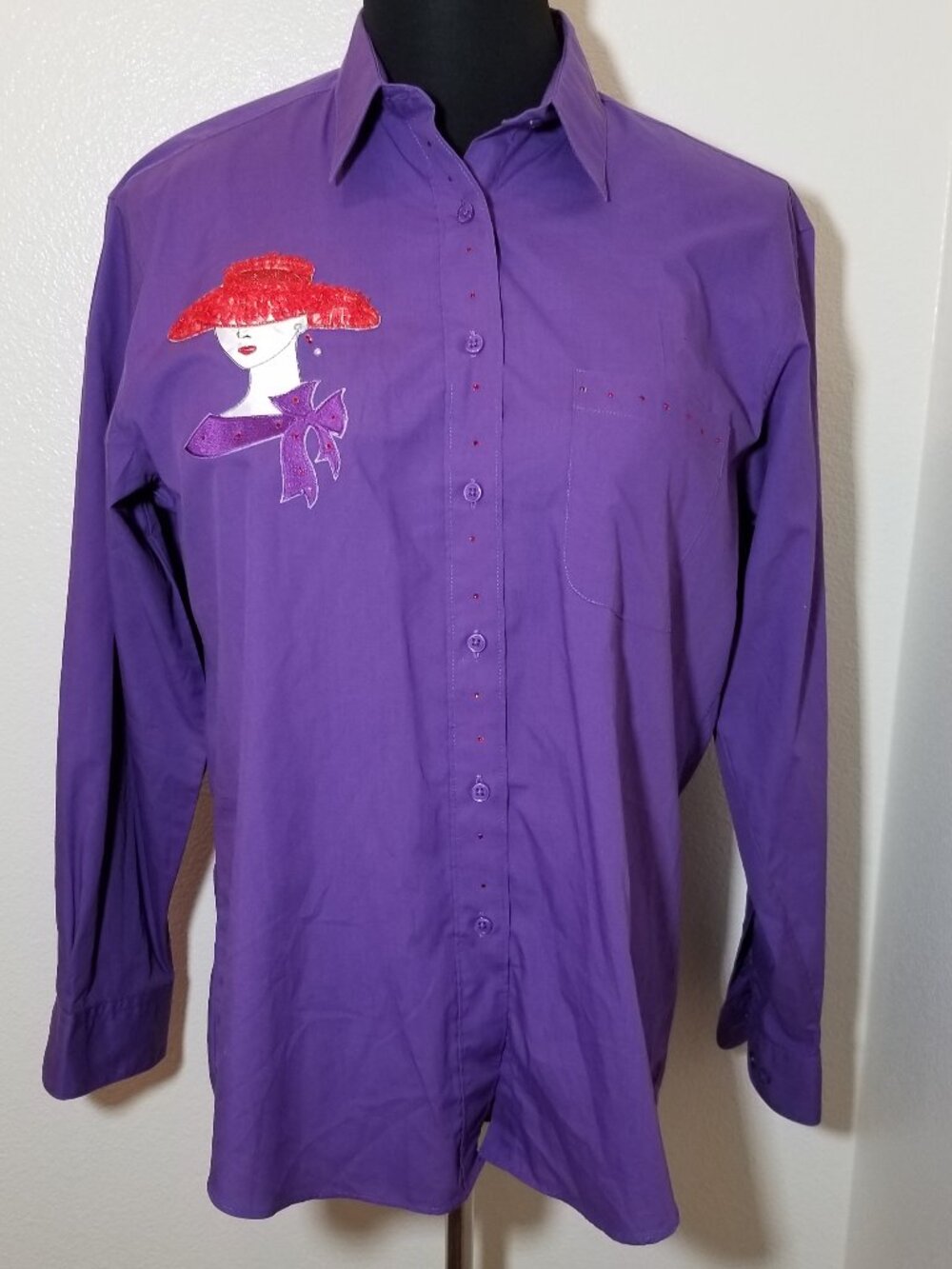 Las Olas Womens‎ L Purple Button Up Shirt Red Hat Society Lady Glam Embroidered